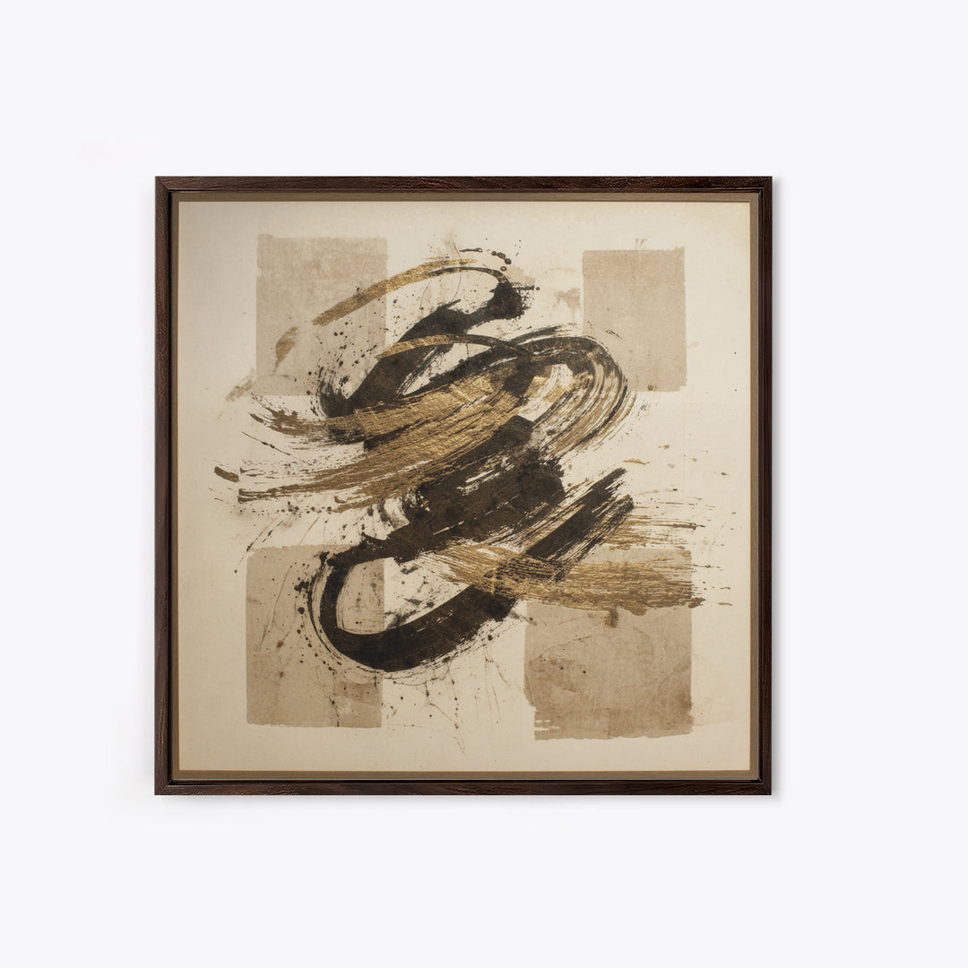 Abstract Gold Calligraphic Strokes on Ivory Paper Canvas Print, Calligraphy Art, Boho Decor, Living Room Decor, Script, CAL-1x1-98