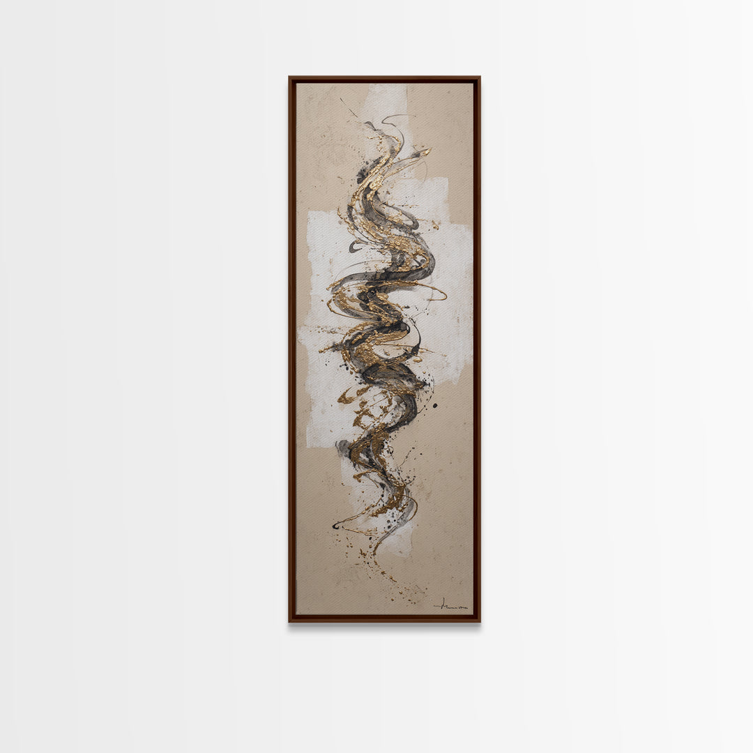 Gold Leaf Calligraphic Spiral on Plaster Surface Canvas Print, Calligraphy Art, Wall Art Printable, Living Room Decor, Script, CAL-1x3-2