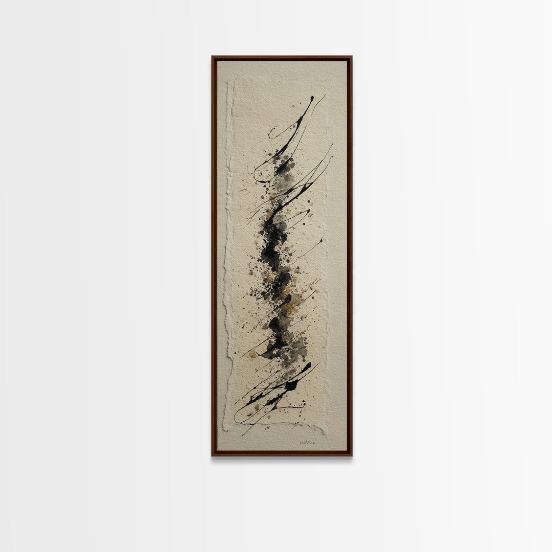 Ink Splatter and Long Brushstroke Composition Framed Canvas Print, Calligraphy Art, Fine Art Print, Living Room Decor, Script, CAL-1x3-4
