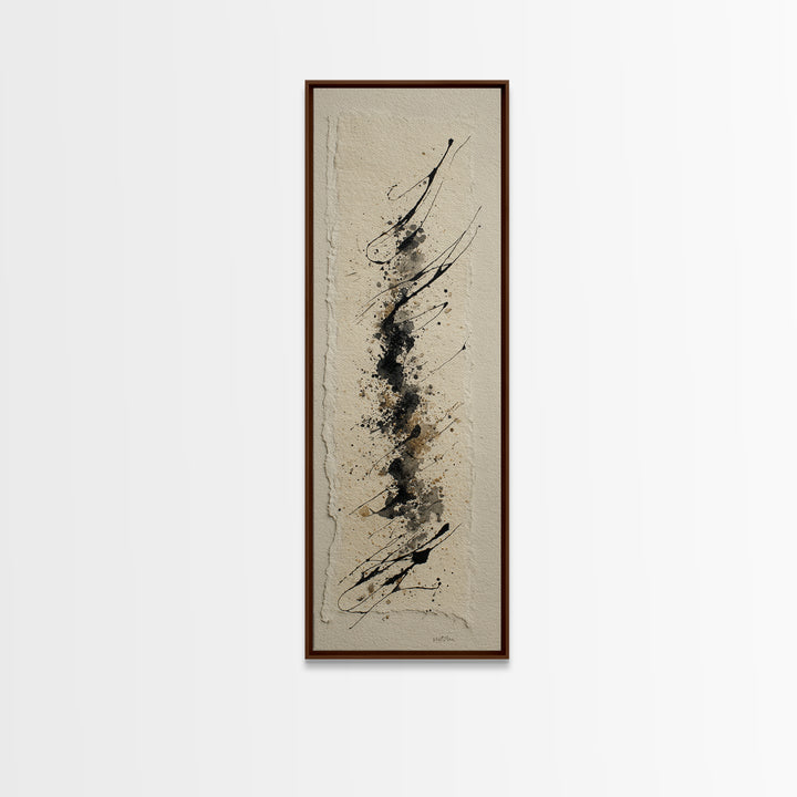 Ink Splatter and Long Brushstroke Composition Framed Canvas Print, Calligraphy Art, Fine Art Print, Living Room Decor, Script, CAL-1x3-4
