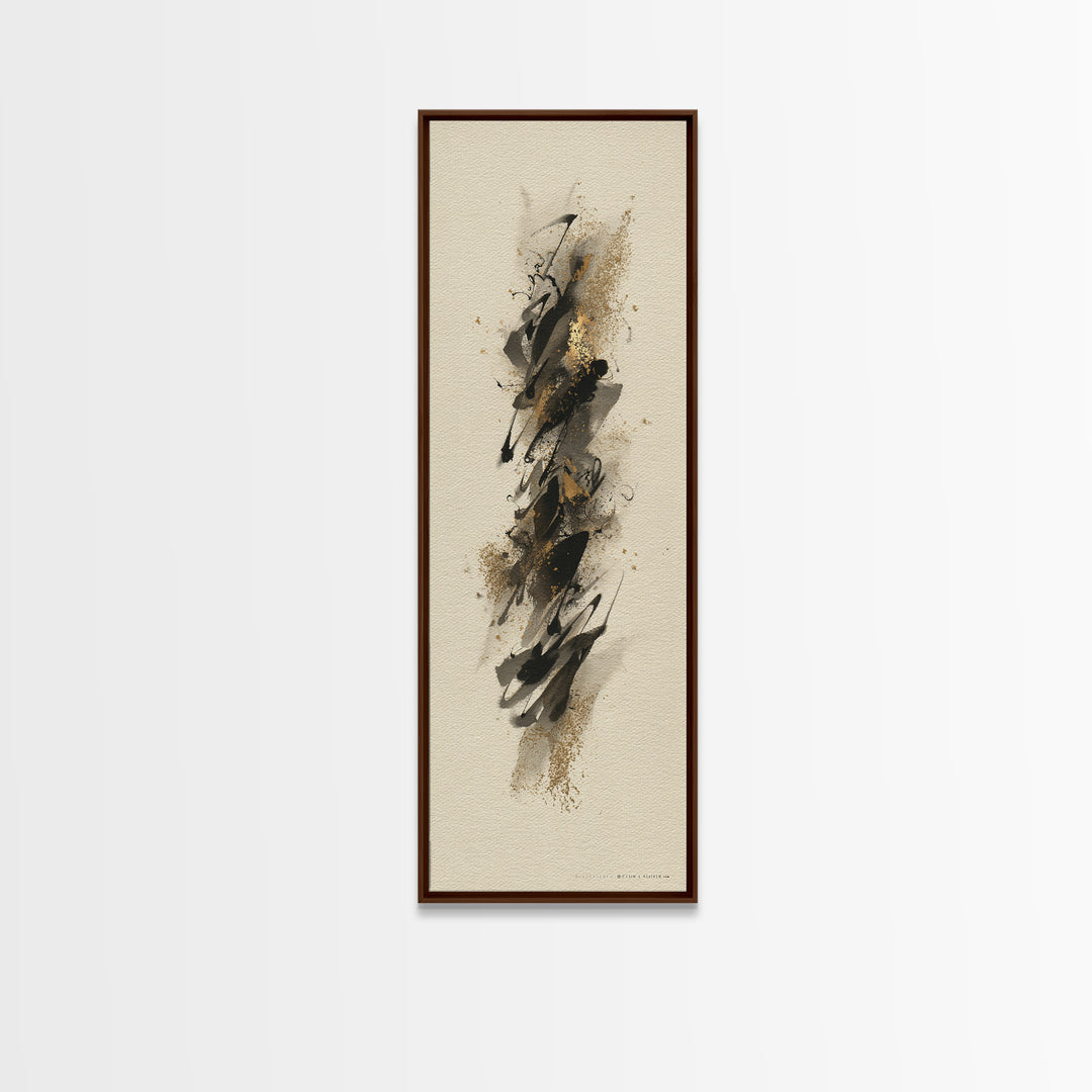 Abstract Gold Calligraphic Strokes on Ivory Paper Canvas Print, Calligraphy Art, Neutral Decor, Living Room Decor, Script, CAL-1x3-62