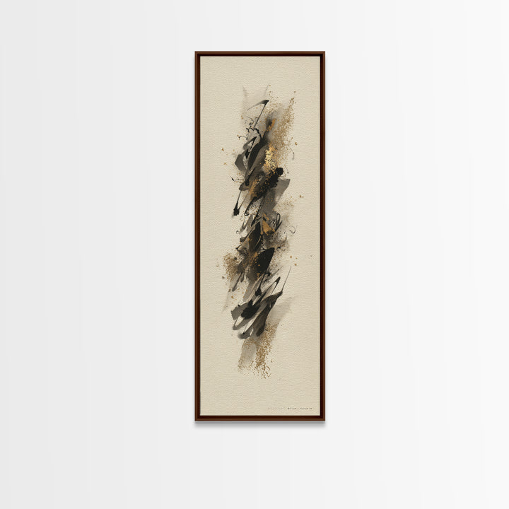 Abstract Gold Calligraphic Strokes on Ivory Paper Canvas Print, Calligraphy Art, Neutral Decor, Living Room Decor, Script, CAL-1x3-62