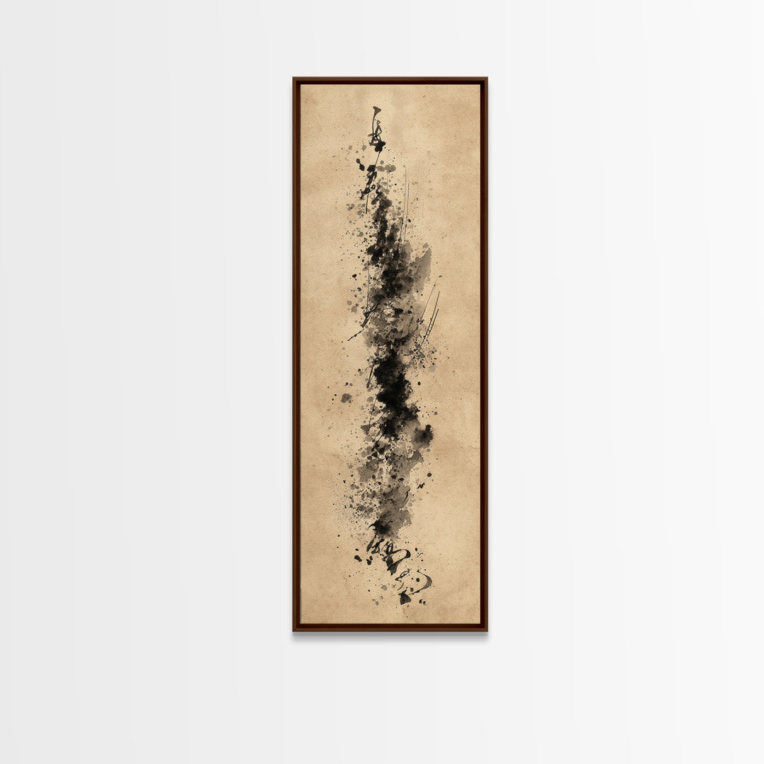Ink Splatter and Long Brushstroke Composition Framed Canvas Print, Calligraphy Art, Calligraphy, Living Room Decor, Script, CAL-1x3-76