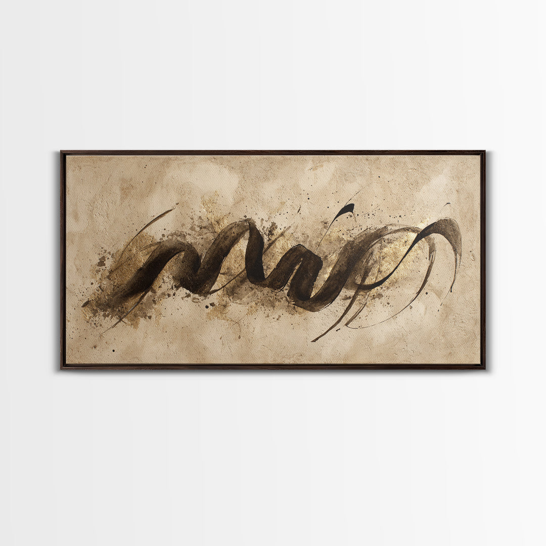 Gold Leaf Calligraphic Spiral on Plaster Surface Canvas Print, Calligraphy Art, Art Print, Living Room Decor, Script, CAL-2x1-10