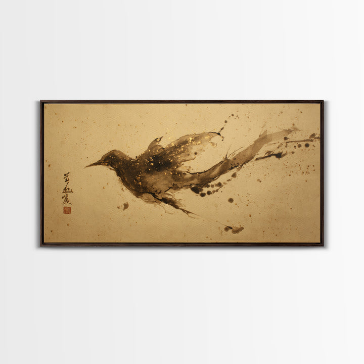 Calligraphic Bird Shape Formed from Flowing Lines Framed Canvas Print, Calligraphy Art, Modern Art, Living Room Decor, Script, CAL-2x1-100