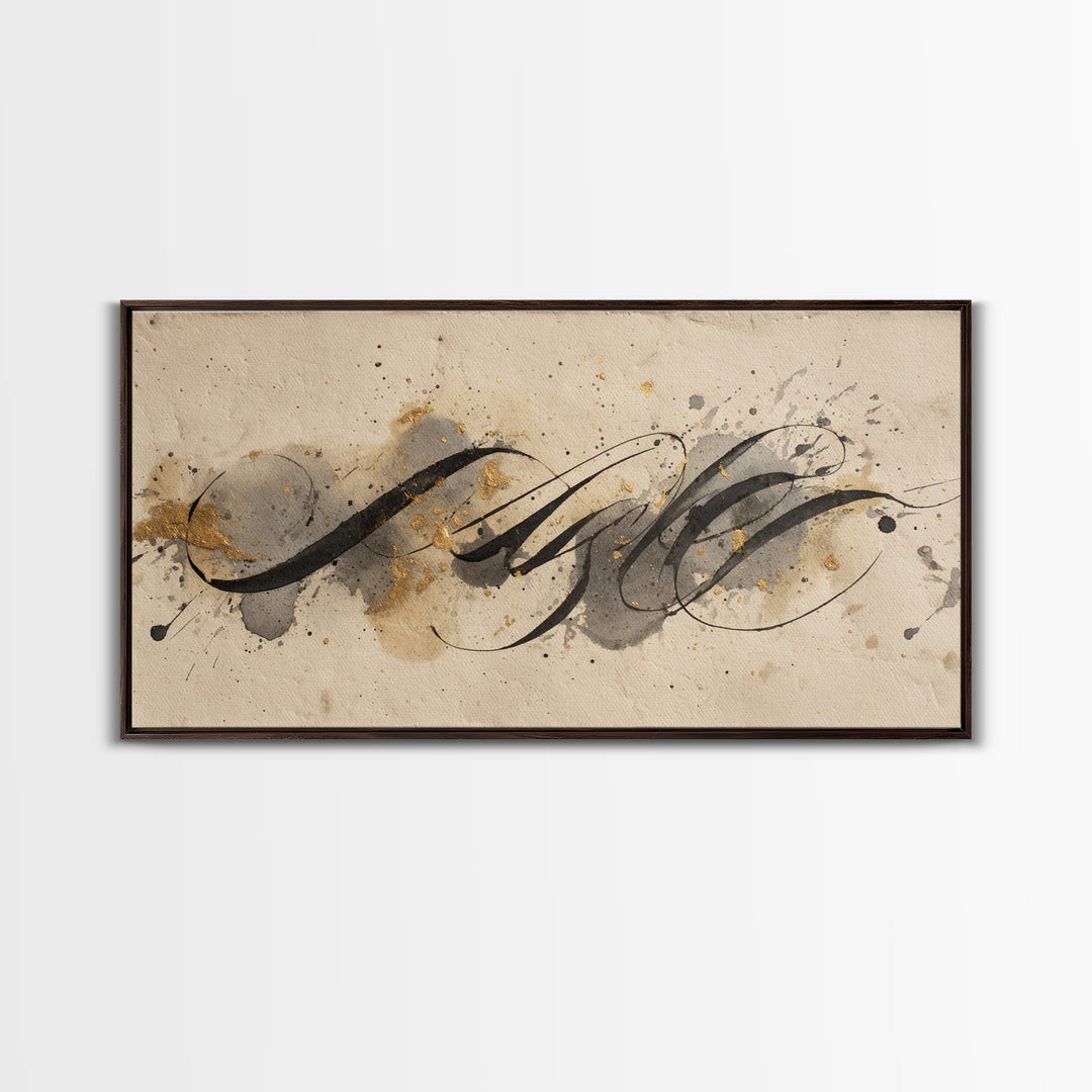 Ink Splatter and Long Brushstroke Composition Framed Canvas Print, Calligraphy Art, Art Print, Living Room Decor, Script, CAL-2x1-12