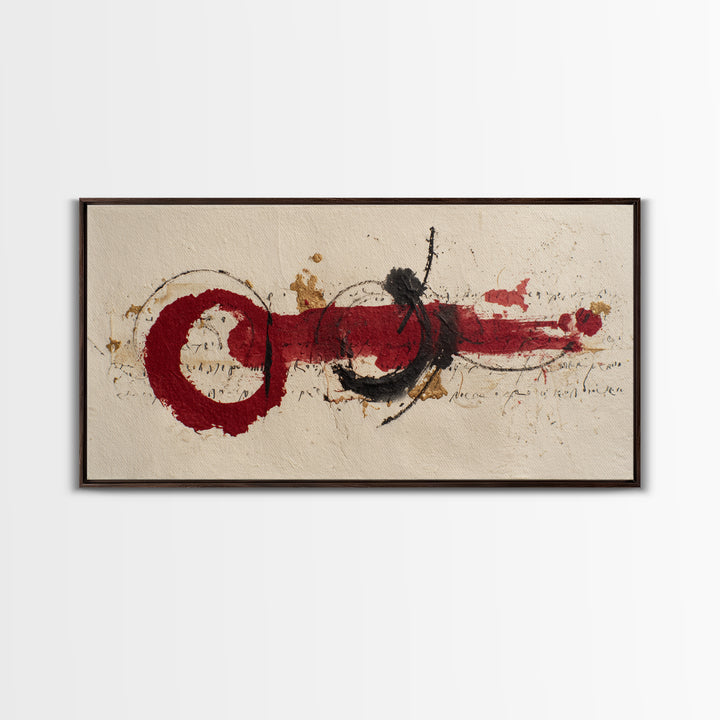 Bold Red Brushstroke Seal Abstraction Framed Canvas Print, Calligraphy Art, Minimalist Decor, Living Room Decor, Script, CAL-2x1-15