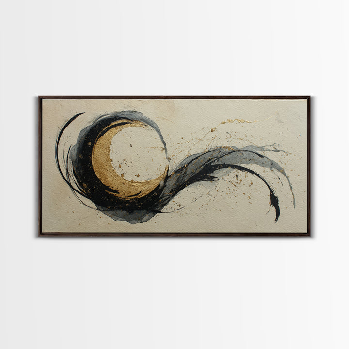 Crescent Moon Made from Elegant Ink Swashes Canvas Print, Calligraphy Art, Contemporary Art, Living Room Decor, Script, CAL-2x1-17