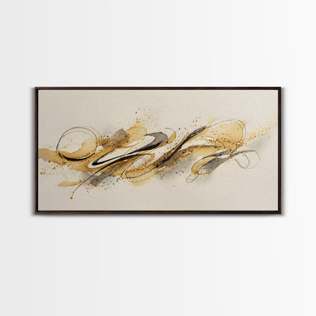 Abstract Gold Calligraphic Strokes on Ivory Paper Canvas Print, Calligraphy Art, Boho Decor, Living Room Decor, Script, CAL-2x1-22