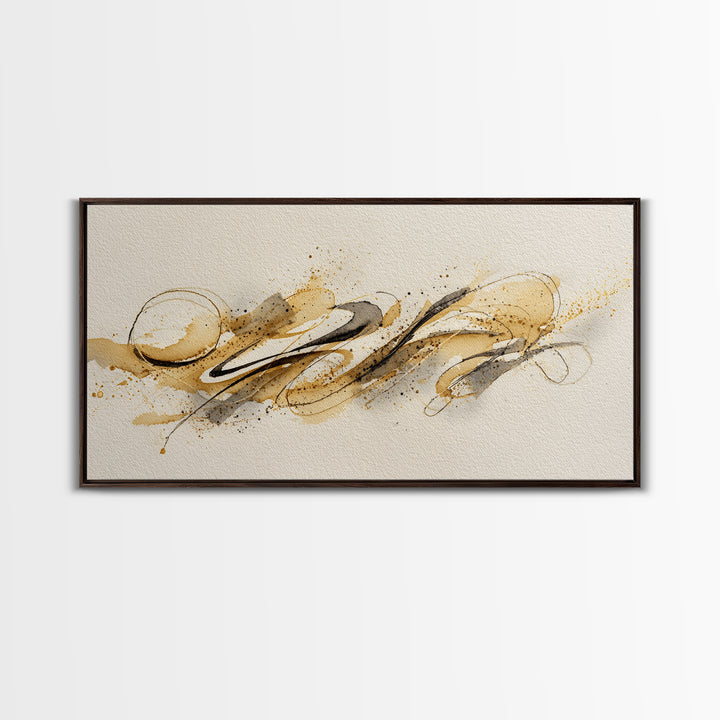 Abstract Gold Calligraphic Strokes on Ivory Paper Canvas Print, Calligraphy Art, Boho Decor, Living Room Decor, Script, CAL-2x1-22