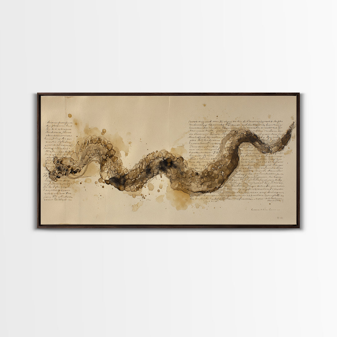 Ink Wash Dragon Curve Framed Canvas Print, Calligraphy Art, Art, Living Room Decor, Fine Art, Script, Unique Wall Art, CAL-2x1-29