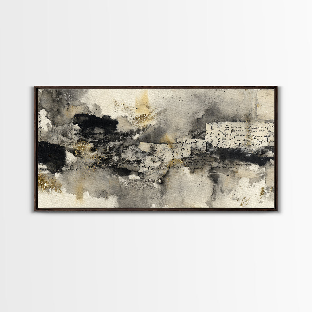 Monochrome Brush Alphabet Fragments as Abstract Texture Canvas Print, Calligraphy Art, Living Room Decor, Script, CAL-2x1-33