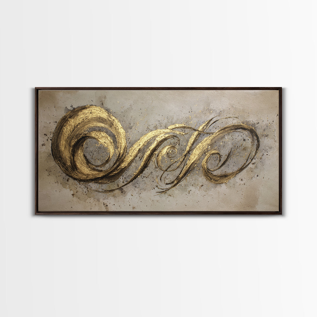 Gold Leaf Calligraphic Spiral on Plaster Surface Canvas Print, Calligraphy Art, Art Print, Living Room Decor, Script, CAL-2x1-34