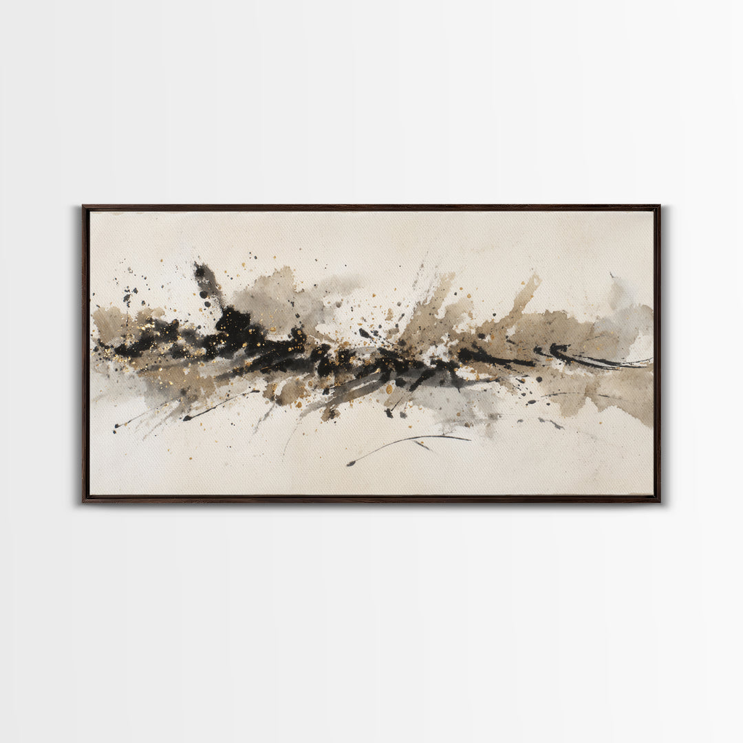 Ink Splatter and Long Brushstroke Composition Canvas Print, Calligraphy Art, Wall Art, Living Room Decor, Fine Art, Script, CAL-2x1-36