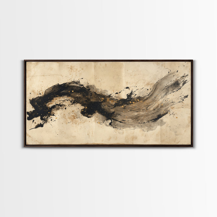 Large Sweeping Black Ink Gesture Like a Framed Canvas Print, Calligraphy Art, Prints, Living Room Decor, Fine Art, Script, CAL-2x1-45