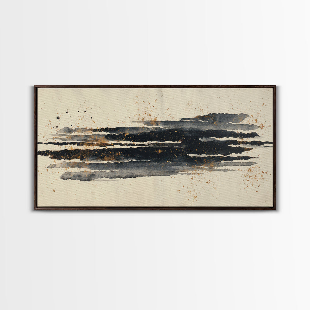 Layered Copper Ink Strokes on Dark Navy Framed Canvas Print, Calligraphy Art, Minimalist Decor, Living Room Decor, Script, CAL-2x1-50