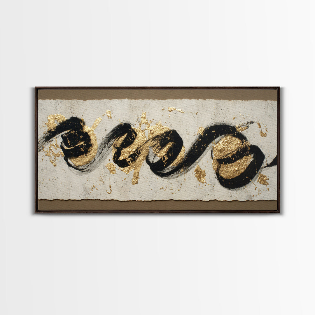 Gold Leaf Calligraphic Spiral on Plaster Surface Canvas Print, Calligraphy Art, Wall Art, Living Room Decor, Watercolor Art, CAL-2x1-58