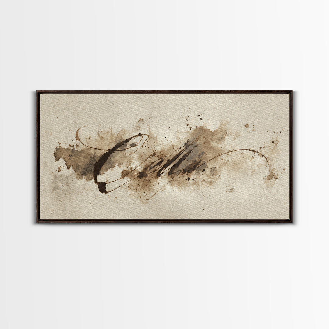 Ink Splatter and Long Brushstroke Composition Framed Canvas Print, Calligraphy Art, Prints, Living Room Decor, Fine Art, Script, CAL-2x1-60