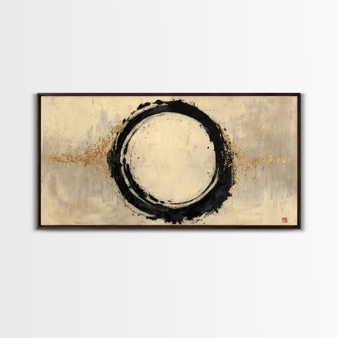 Japanese Brush Mark Circle Framed Canvas Print, Calligraphy Art, Printable Wall Art, Living Room Decor, Fine Art, Script, CAL-2x1-72