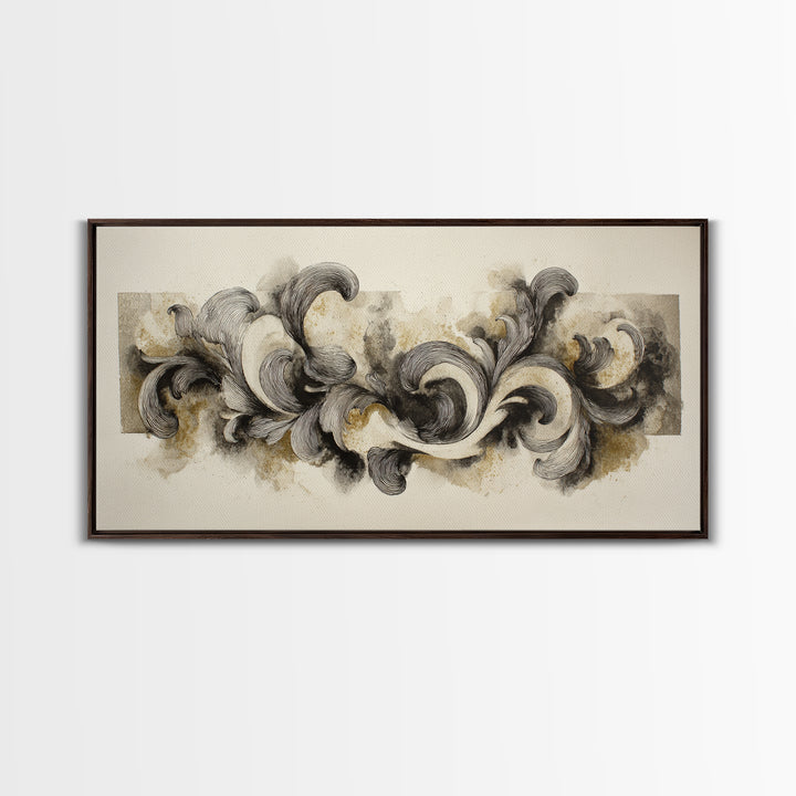 Baroque Scrollwork Made from Looping Pen Strokes Framed Canvas Print, Calligraphy Art, Japanese Art, Living Room Decor, Script, CAL-2x1-80