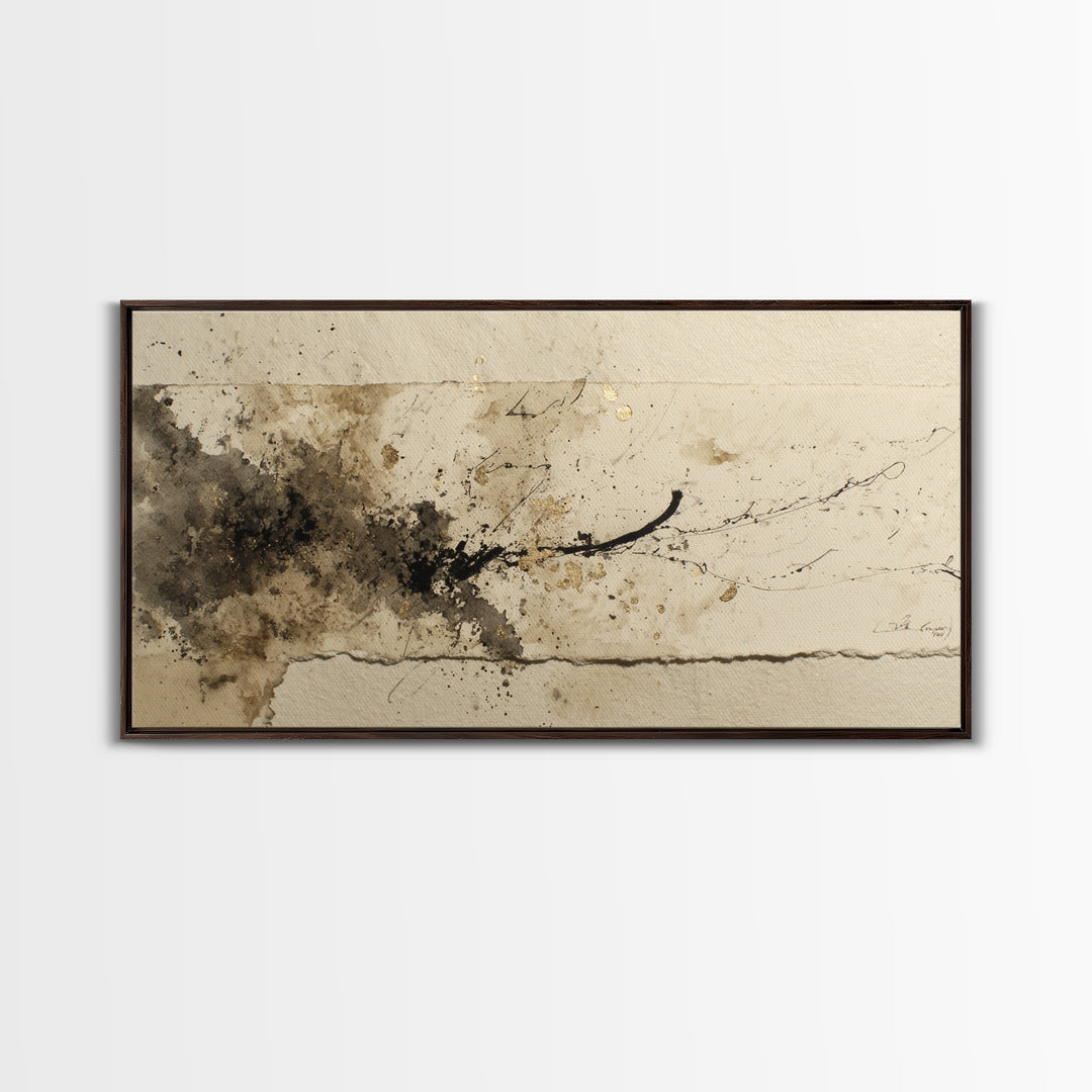Monochrome Brush Alphabet Fragments as Abstract Texture Canvas Print, Calligraphy Art, Living Room Decor, Script, CAL-2x1-81