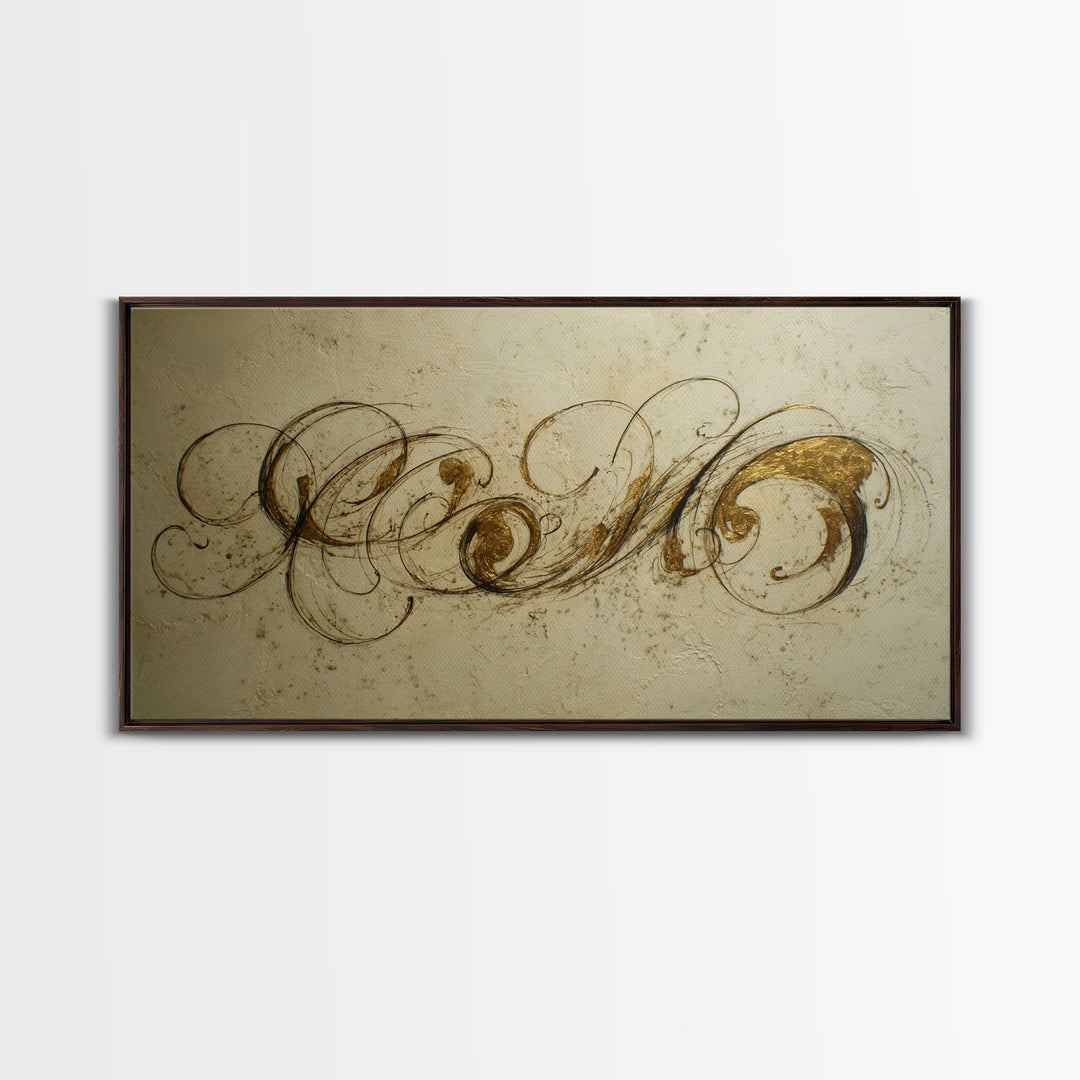 Gold Leaf Calligraphic Spiral on Plaster Surface Canvas Print, Calligraphy Art, Wall Art, Living Room Decor, Watercolor Art, CAL-2x1-82
