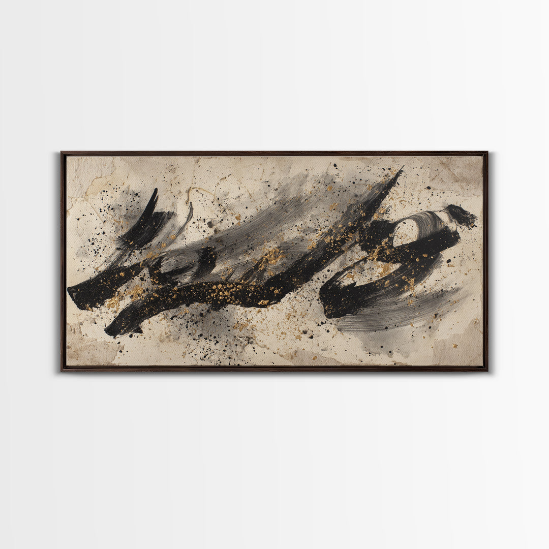 Monochrome Brush Alphabet Fragments as Abstract Texture Canvas Print, Calligraphy Art, Living Room Decor, Script, CAL-2x1-9