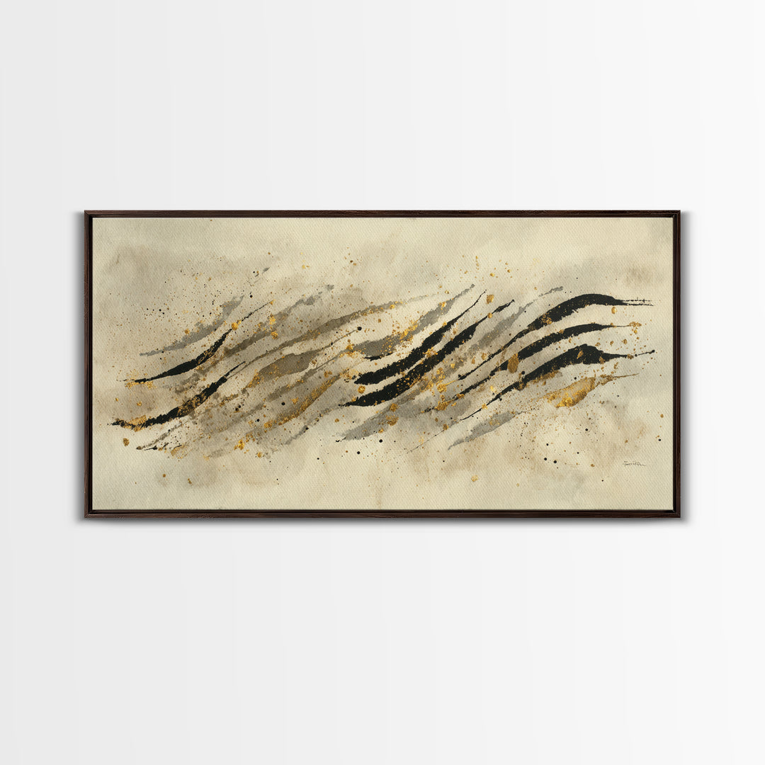 Abstract Gold Calligraphic Strokes on Ivory Paper Canvas Print, Calligraphy Art, Wall Decor, Living Room Decor, Script, CAL-2x1-94
