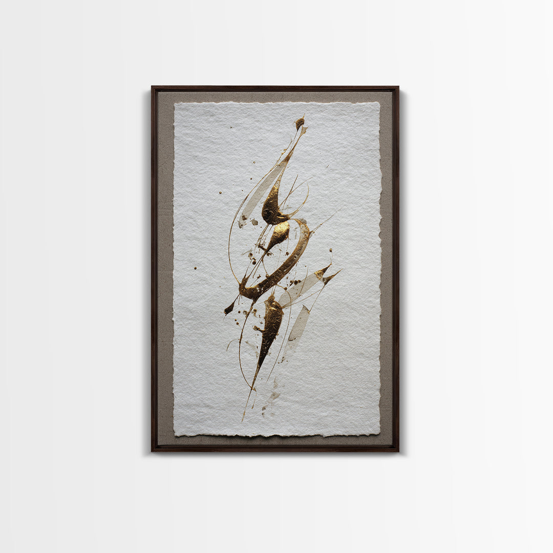 Abstract Gold Calligraphic Strokes on Ivory Paper Canvas Print, Calligraphy Art, Luxury Decor, Living Room Decor, Script, CAL-2x3-10