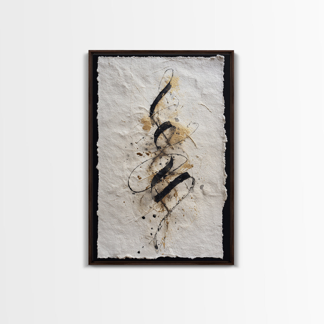 Gold Leaf Calligraphic Spiral on Plaster Surface Canvas Print, Calligraphy Art, Textured Painting, Living Room Decor, Script, CAL-2x3-22
