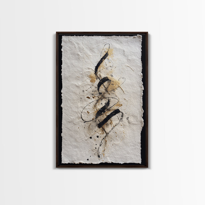Gold Leaf Calligraphic Spiral on Plaster Surface Canvas Print, Calligraphy Art, Textured Painting, Living Room Decor, Script, CAL-2x3-22