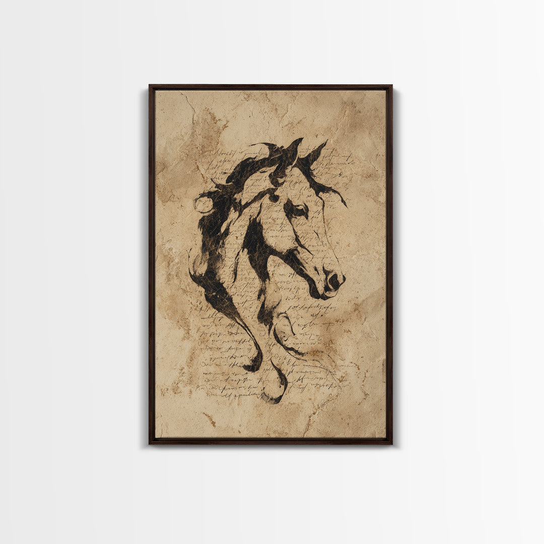 Calligraphic Horse Silhouette Made from One Line Framed Canvas Print, Calligraphy Art, Wall Art, Living Room Decor, Script, CAL-2x3-25