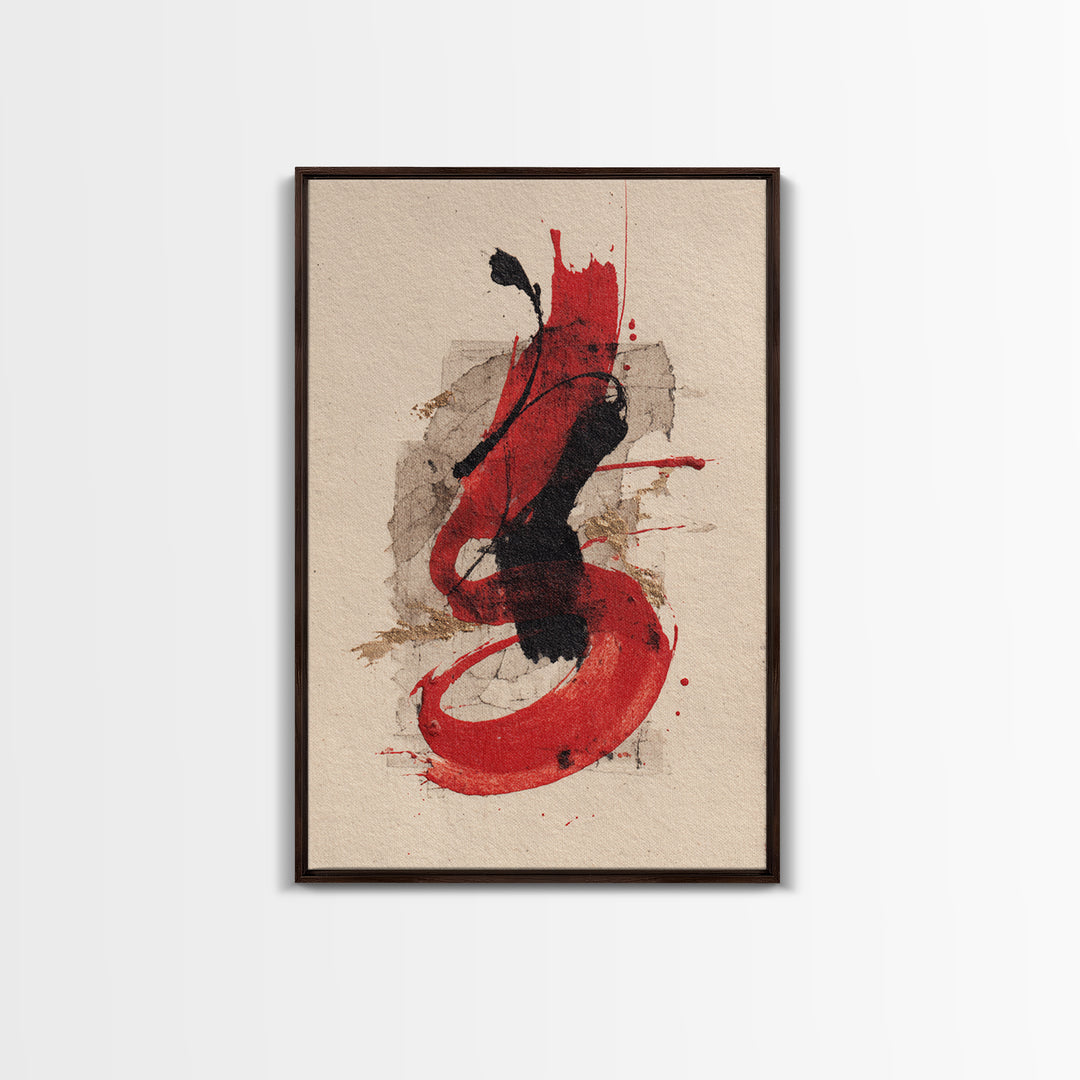Bold Red Brushstroke Seal Abstraction Framed Canvas Print, Calligraphy Art, Watercolor Print, Living Room Decor, Script, CAL-2x3-3