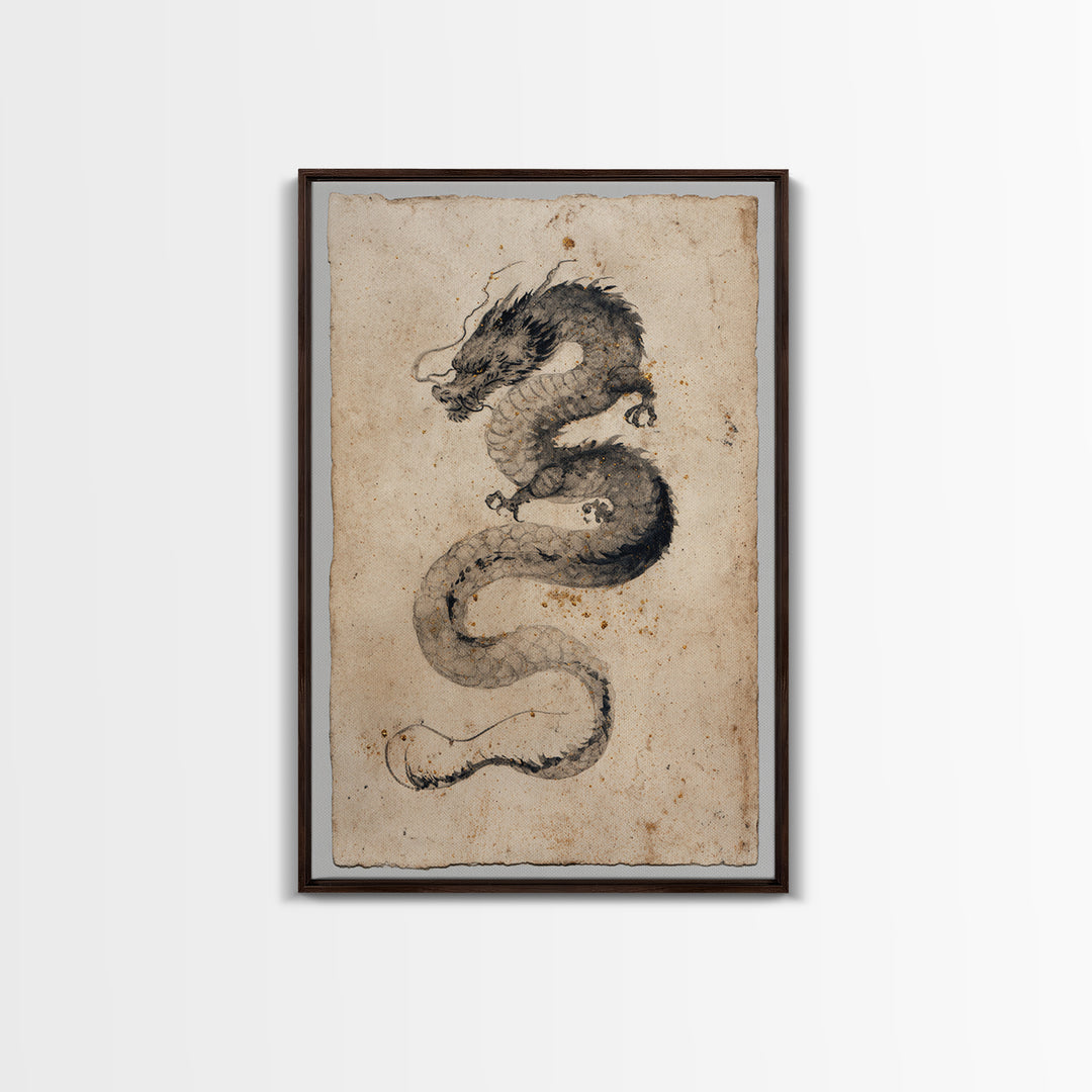 Ink Wash Dragon Curve Framed Canvas Print, Calligraphy Art, Painting, Living Room Decor, Fine Art, Script, Japanese Art, CAL-2x3-41
