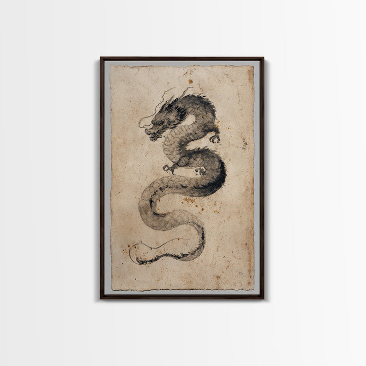 Ink Wash Dragon Curve Framed Canvas Print, Calligraphy Art, Painting, Living Room Decor, Fine Art, Script, Japanese Art, CAL-2x3-41