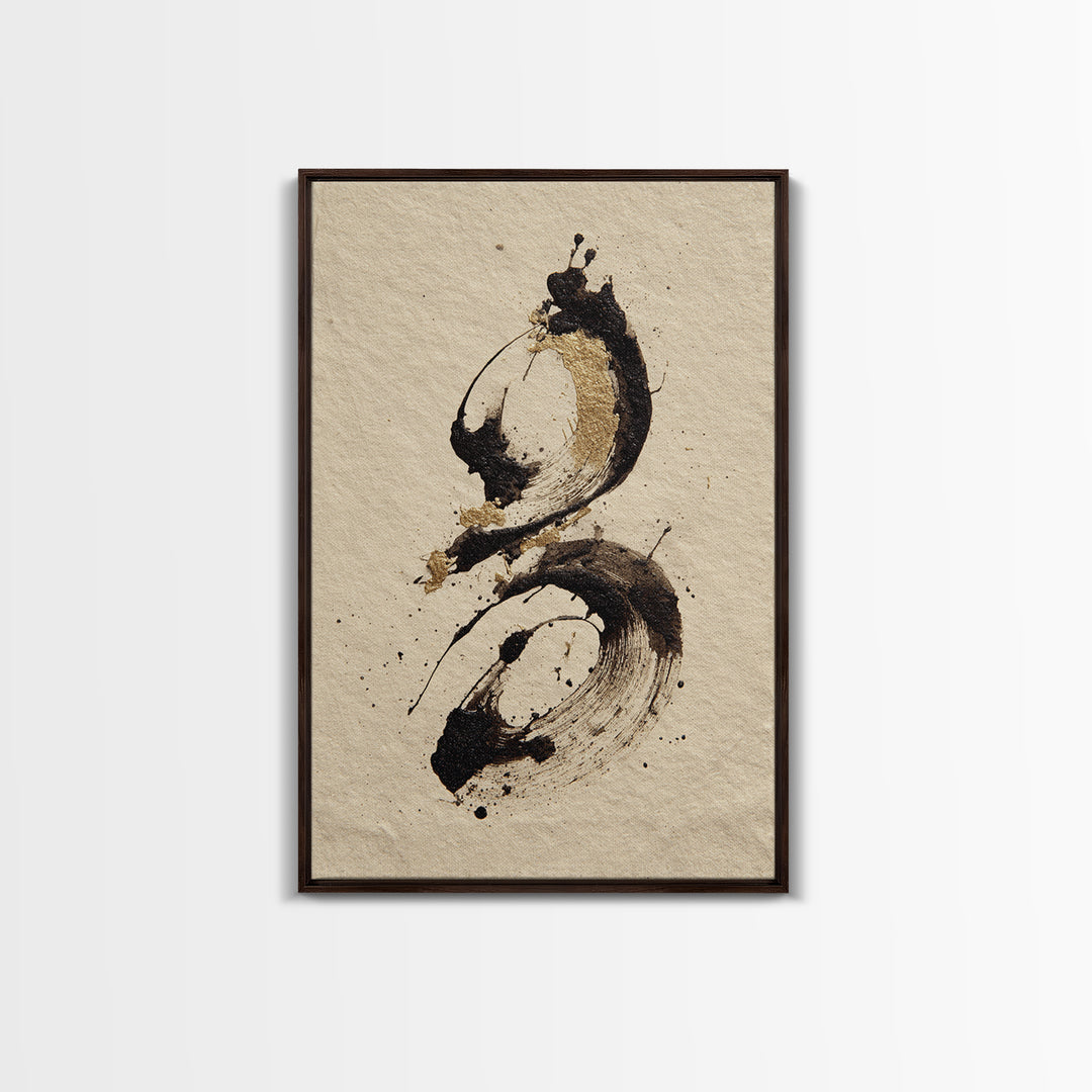 Ink Splatter and Long Brushstroke Composition Framed Canvas Print, Calligraphy Art, Boho Decor, Living Room Decor, Script, CAL-2x3-48