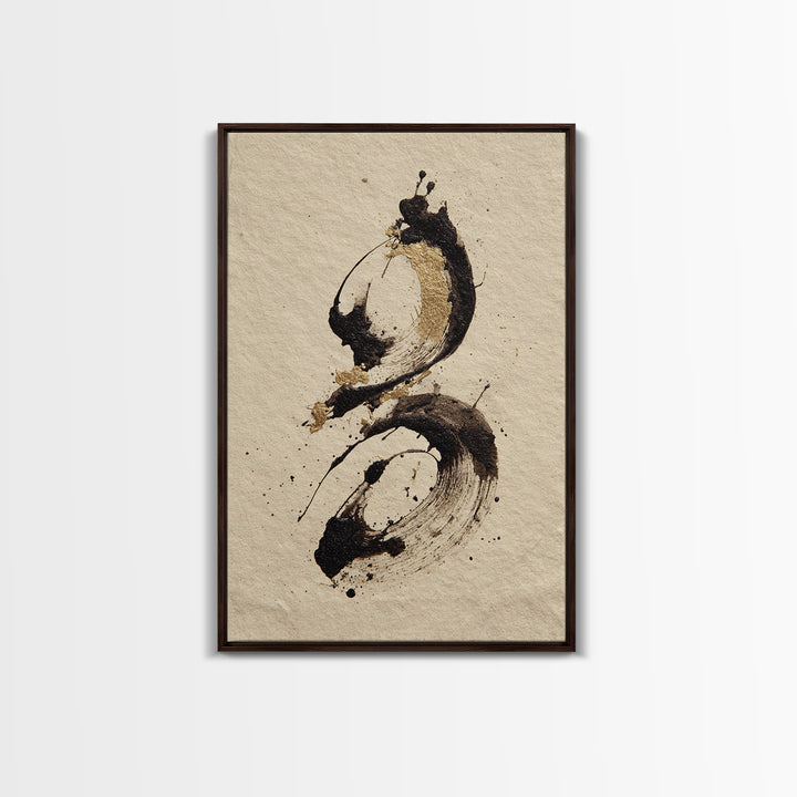 Ink Splatter and Long Brushstroke Composition Framed Canvas Print, Calligraphy Art, Boho Decor, Living Room Decor, Script, CAL-2x3-48