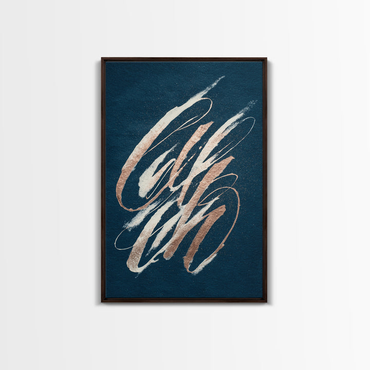 Layered Copper Ink Strokes on Dark Navy Canvas Print, Calligraphy Art, Prints, Living Room Decor, Script, Bedroom Wall Decor, CAL-2x3-62