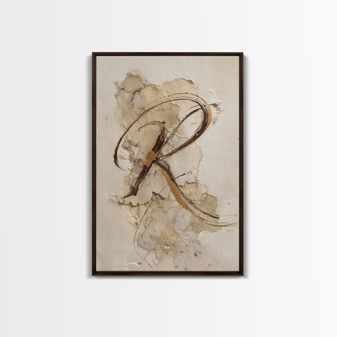 Gold Leaf Calligraphic Spiral on Plaster Surface Canvas Print, Calligraphy Art, Art, Living Room Decor, Oil Painting, Script, CAL-2x3-70