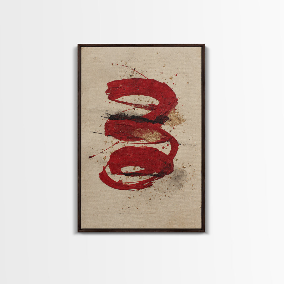 Bold Red Brushstroke Seal Abstraction Framed Canvas Print, Calligraphy Art, Print, Living Room Decor, Fine Art, Script, CAL-2x3-75