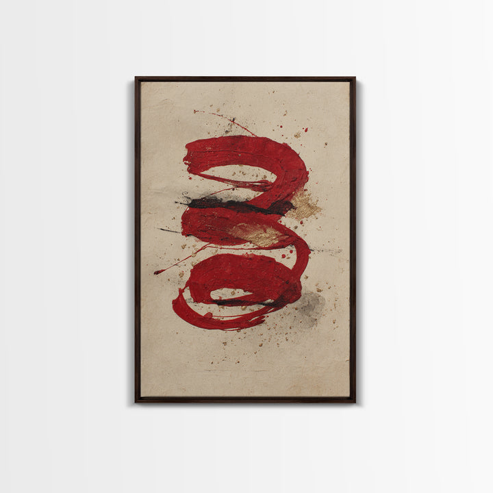 Bold Red Brushstroke Seal Abstraction Framed Canvas Print, Calligraphy Art, Print, Living Room Decor, Fine Art, Script, CAL-2x3-75