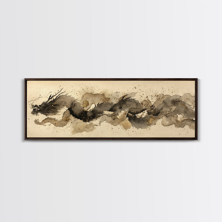 Ink Wash Dragon Curve Framed Canvas Print, Calligraphy Art, Wall Art Print, Living Room Decor, Fine Art, Script, Japanese Decor, CAL-3x1-1