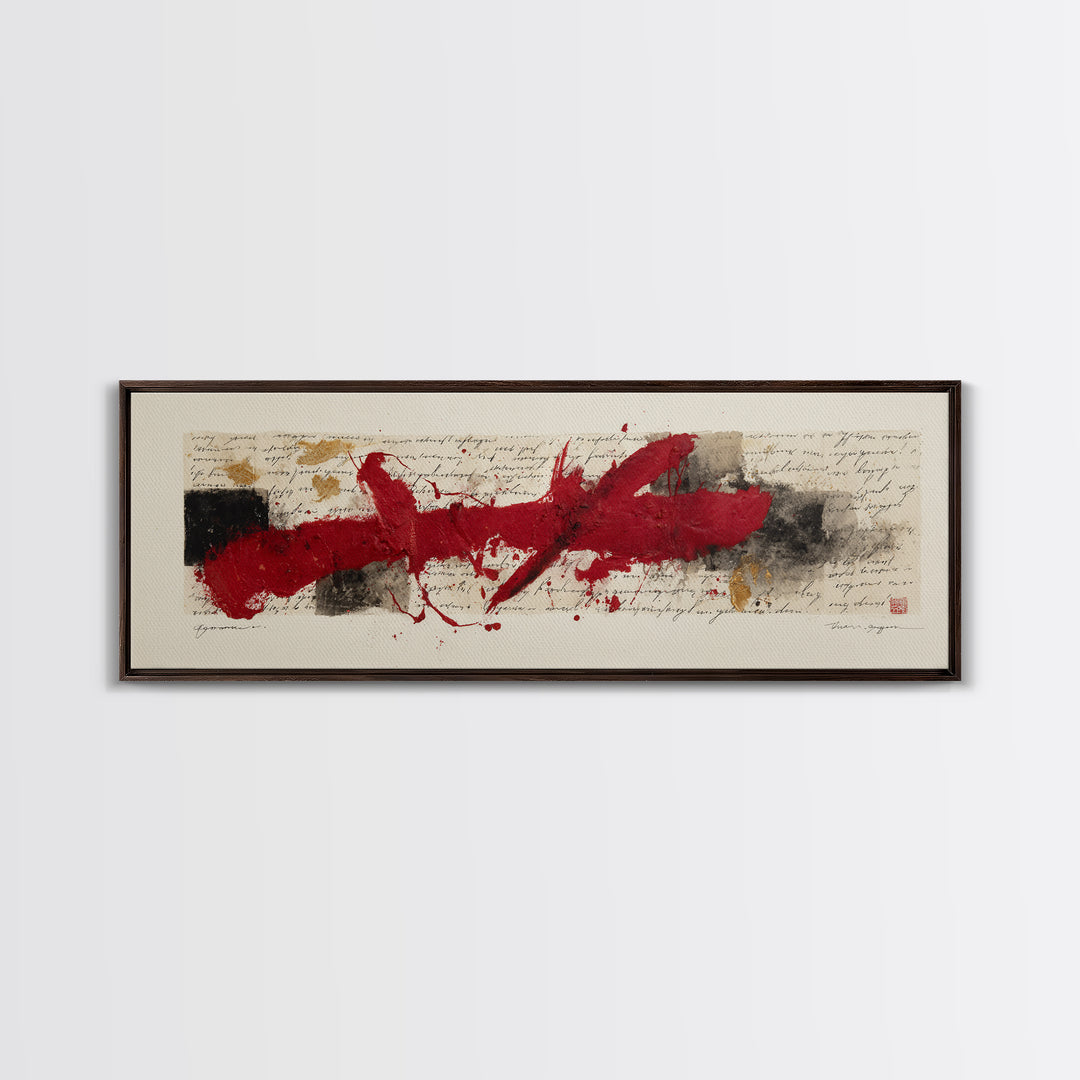 Bold Red Brushstroke Seal Abstraction Canvas Print, Calligraphy Art, Gallery Wall Set, Living Room Decor, Fine Art, Script, CAL-3x1-11