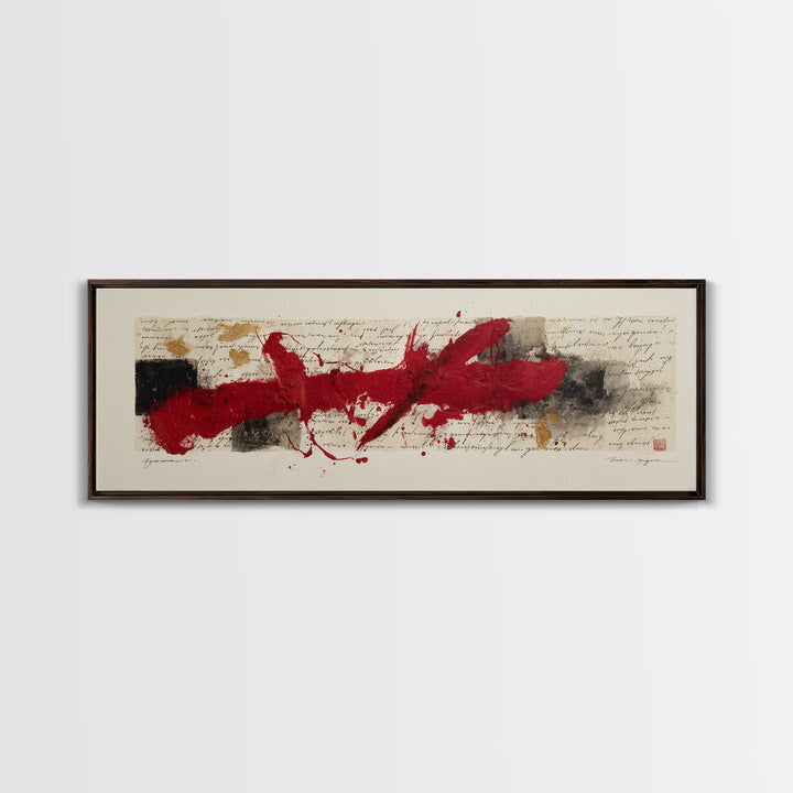 Bold Red Brushstroke Seal Abstraction Canvas Print, Calligraphy Art, Gallery Wall Set, Living Room Decor, Fine Art, Script, CAL-3x1-11