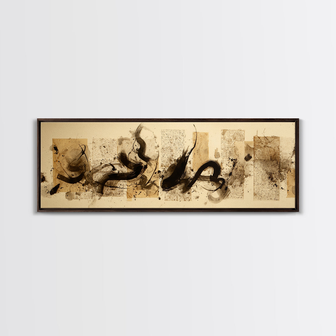 Large Sweeping Black Ink Gesture Like a Framed Canvas Print, Calligraphy Art, Living Room Wall Art, Living Room Decor, Script, CAL-3x1-17