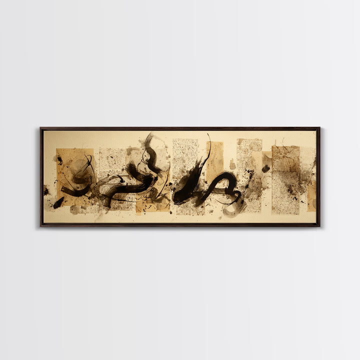 Large Sweeping Black Ink Gesture Like a Framed Canvas Print, Calligraphy Art, Living Room Wall Art, Living Room Decor, Script, CAL-3x1-17