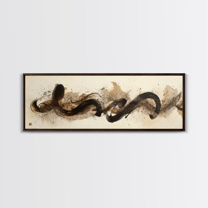 Abstract Gold Calligraphic Strokes on Ivory Paper Canvas Print, Calligraphy Art, Printable Wall Art, Living Room Decor, Script, CAL-3x1-18
