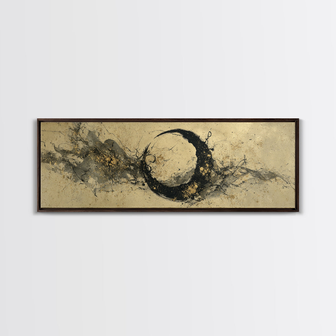 Crescent Moon Made from Elegant Ink Swashes Framed Canvas Print, Calligraphy Art, Japanese Art, Living Room Decor, Script, CAL-3x1-37