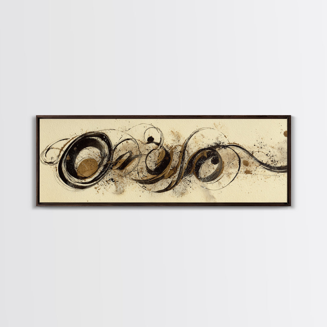 Baroque Scrollwork Made from Looping Pen Strokes Canvas Print, Calligraphy Art, Minimalist Wall Art, Living Room Decor, Script, CAL-3x1-4