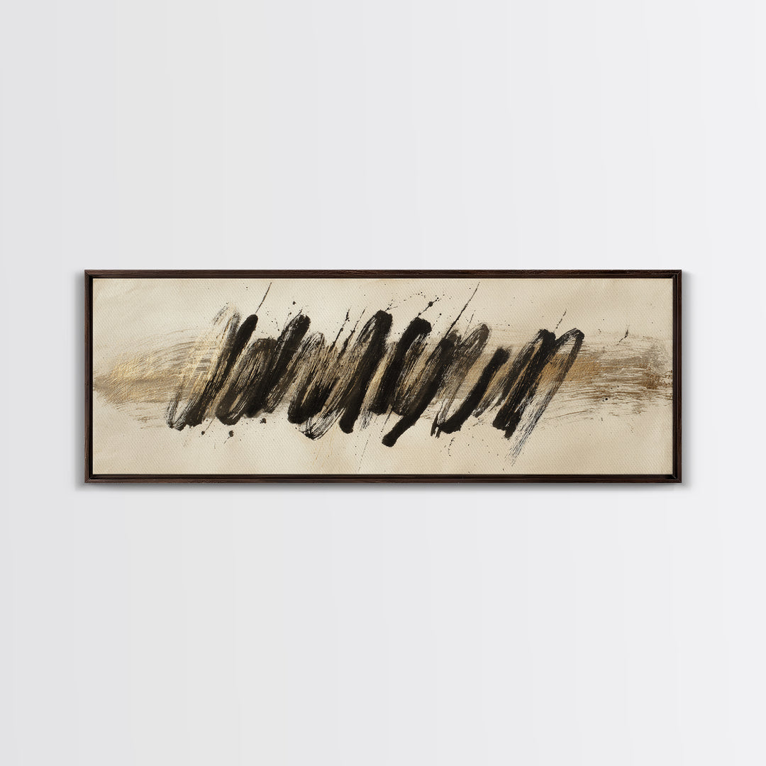 Abstract Gold Calligraphic Strokes on Ivory Paper Canvas Print, Calligraphy Art, Unique Wall Art, Living Room Decor, Script, CAL-3x1-42